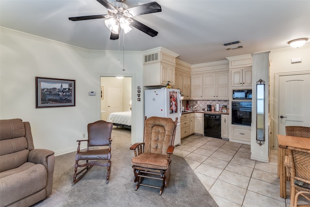 living room featuring ceiling fan, light tile patterned floors, and ornamental molding