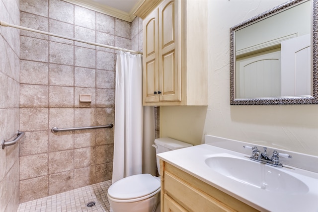 bathroom with a shower with curtain, vanity, toilet, and crown molding