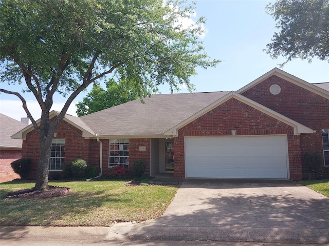 ranch-style house with a front yard and a garage