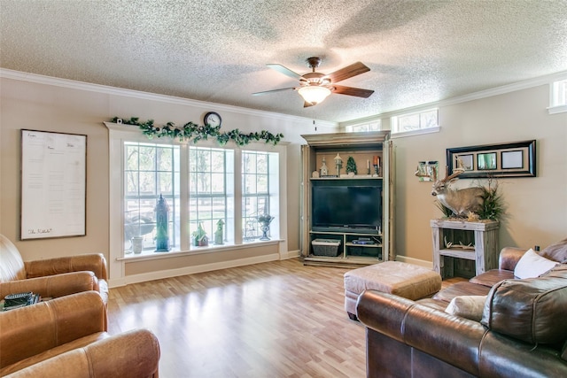 living room with a textured ceiling, crown molding, and light wood-type flooring