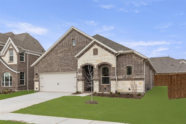 view of front of property featuring a garage, concrete driveway, brick siding, and stone siding