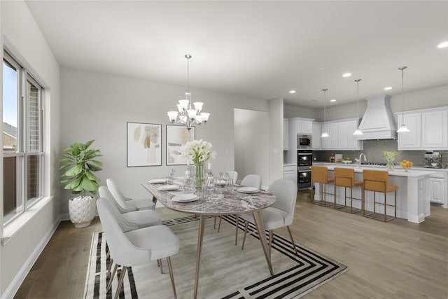 dining room featuring sink, light wood-type flooring, and a notable chandelier