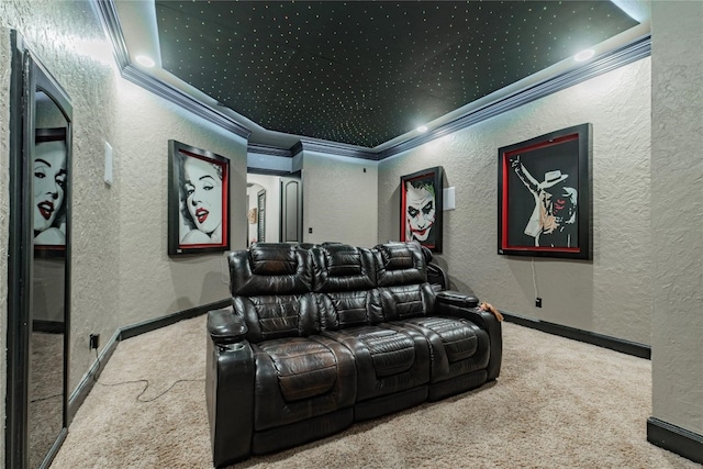 home theater with crown molding, light carpet, and a raised ceiling