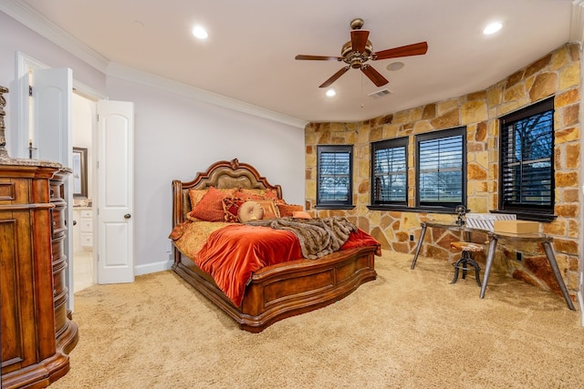 carpeted bedroom featuring crown molding and ceiling fan