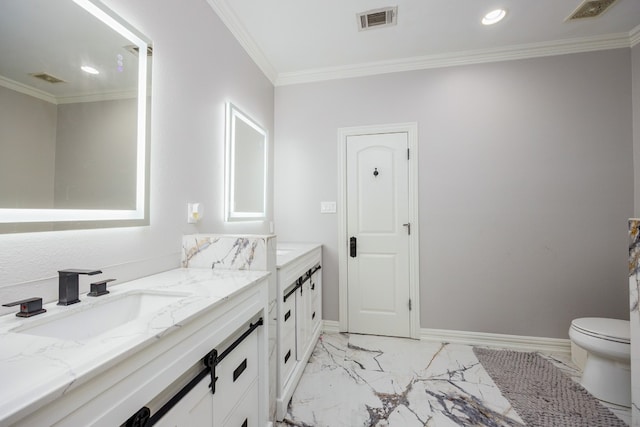 bathroom featuring toilet, tile floors, ornamental molding, and vanity