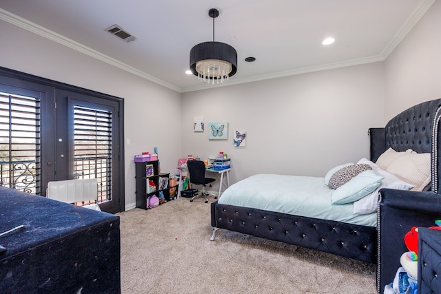 bedroom featuring french doors, access to exterior, ornamental molding, and light colored carpet