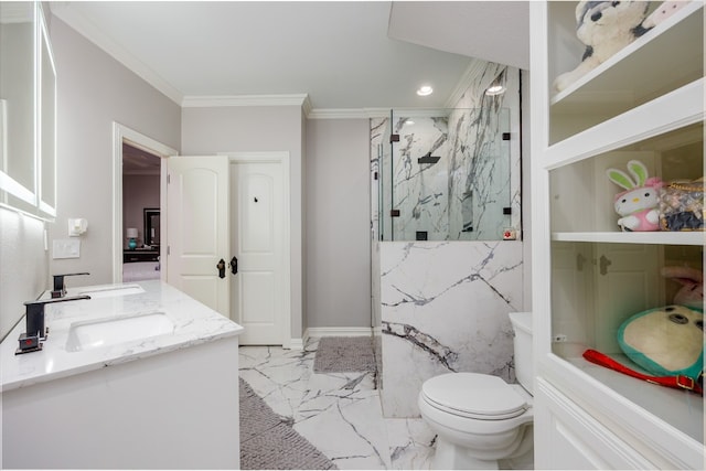 bathroom with toilet, crown molding, an enclosed shower, tile flooring, and large vanity