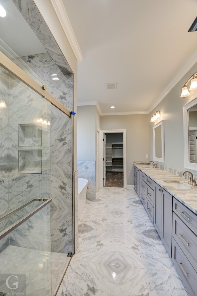 bathroom with ornamental molding, vanity, and plus walk in shower