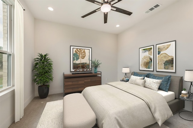 bedroom featuring ceiling fan and carpet flooring