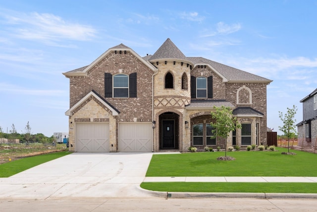view of front of home featuring driveway, an attached garage, a front yard, and brick siding
