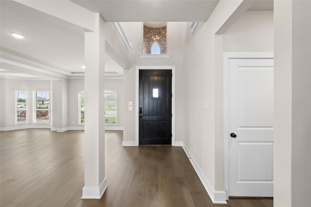 foyer entrance with a tray ceiling and dark wood-type flooring