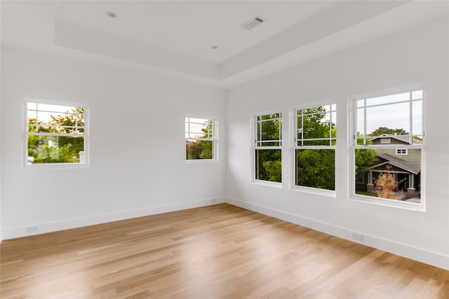 unfurnished room with light hardwood / wood-style flooring and a tray ceiling