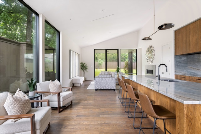 interior space featuring lofted ceiling and sink