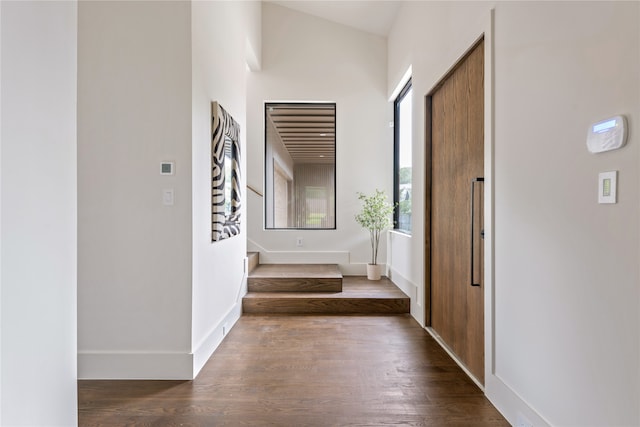 hall featuring dark hardwood / wood-style flooring and lofted ceiling