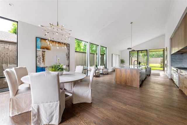 dining area with an inviting chandelier, sink, dark wood-type flooring, and a wealth of natural light