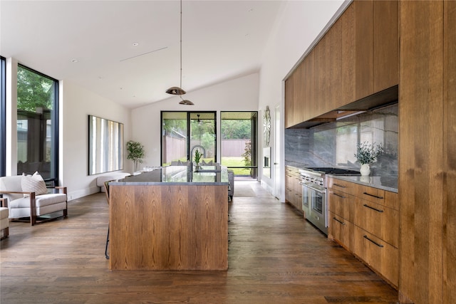 kitchen with range with two ovens, dark hardwood / wood-style flooring, backsplash, and an island with sink