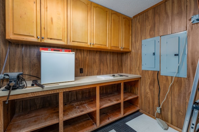 washroom featuring wooden walls and electric panel