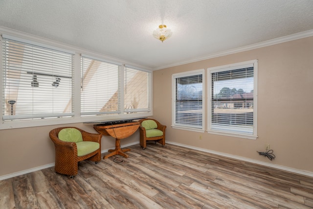 sitting room featuring a textured ceiling, crown molding, and hardwood / wood-style floors