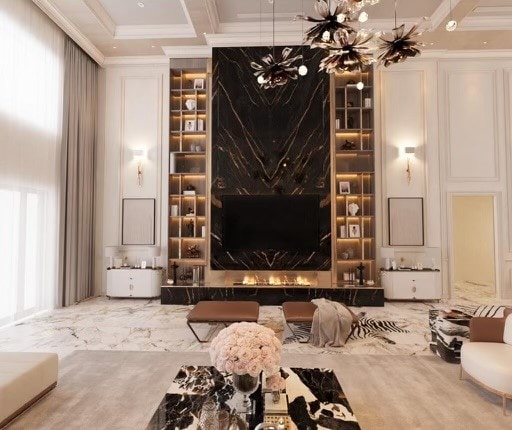 interior space with crown molding, a notable chandelier, and carpet