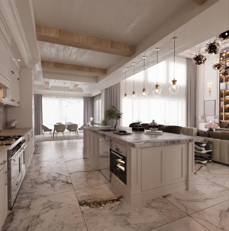 kitchen with range with two ovens, white cabinets, dishwashing machine, wall oven, and light tile patterned floors