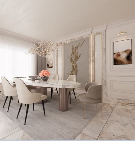 dining space featuring a chandelier, light tile patterned floors, and ornamental molding