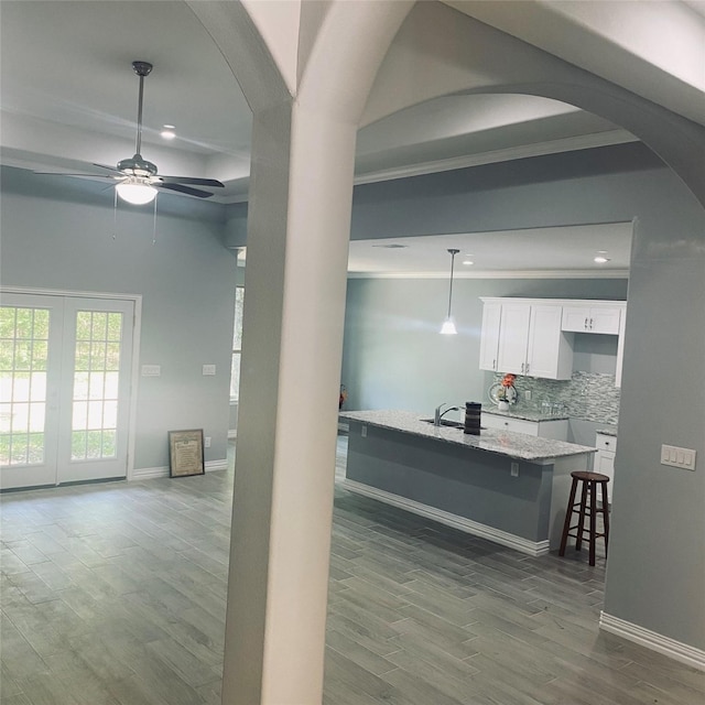 kitchen with white cabinetry, sink, light stone counters, dark hardwood / wood-style floors, and decorative backsplash