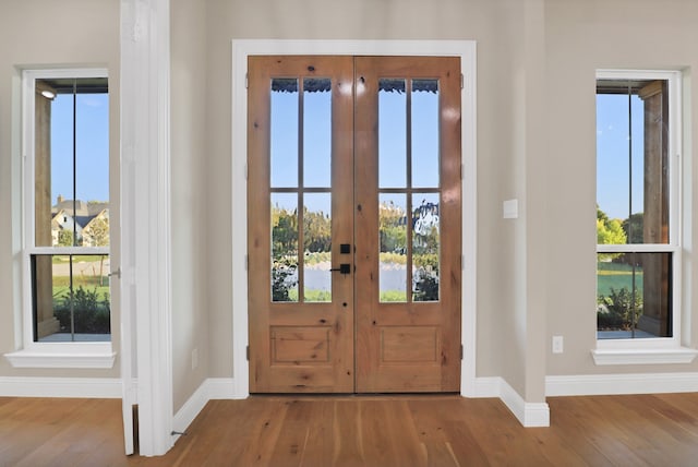 entryway featuring hardwood / wood-style flooring, a wealth of natural light, and french doors