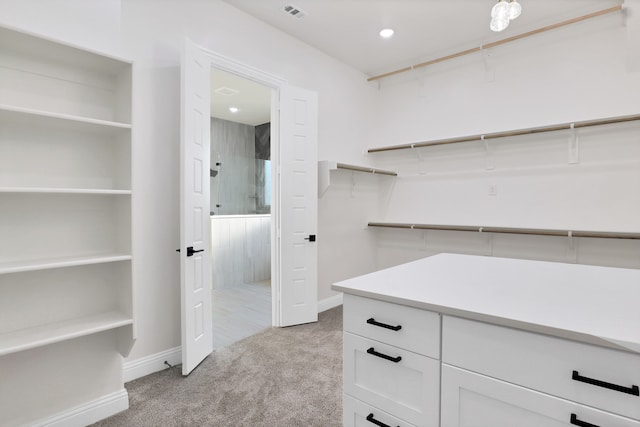 spacious closet featuring light colored carpet