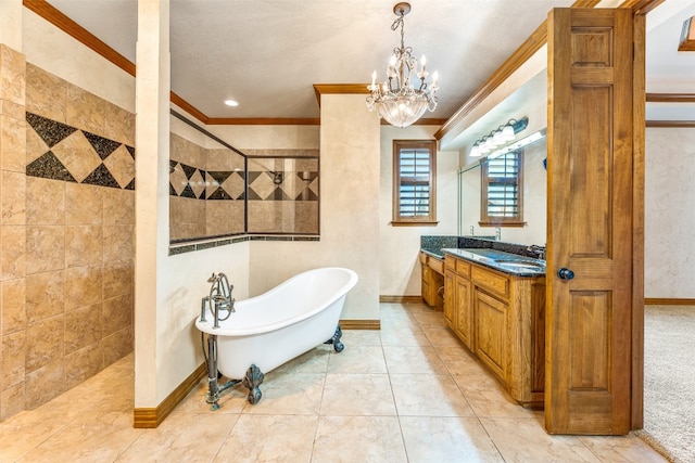 bathroom with ornamental molding, a notable chandelier, vanity, and shower with separate bathtub