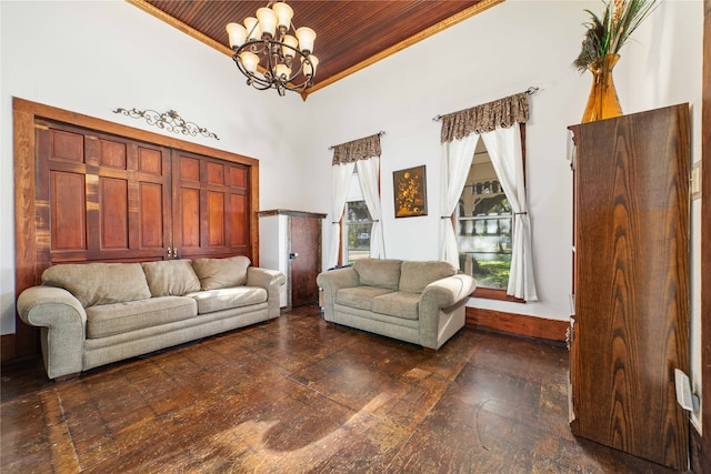 living room with an inviting chandelier, ornamental molding, dark wood-type flooring, wooden ceiling, and a towering ceiling