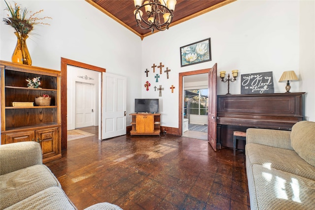 living room with dark wood-type flooring, wood ceiling, a high ceiling, a notable chandelier, and crown molding