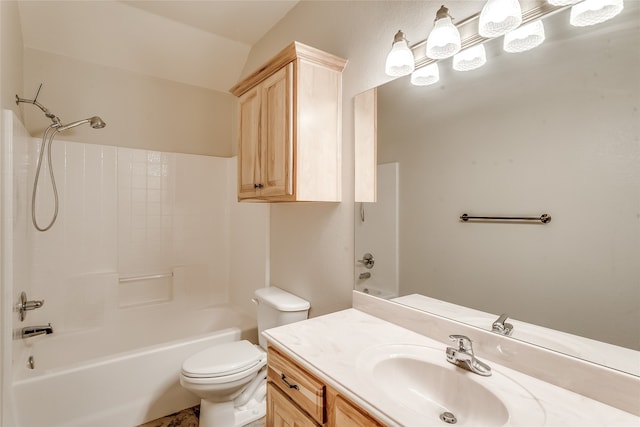 full bathroom with vaulted ceiling, shower / tub combination, vanity, and toilet