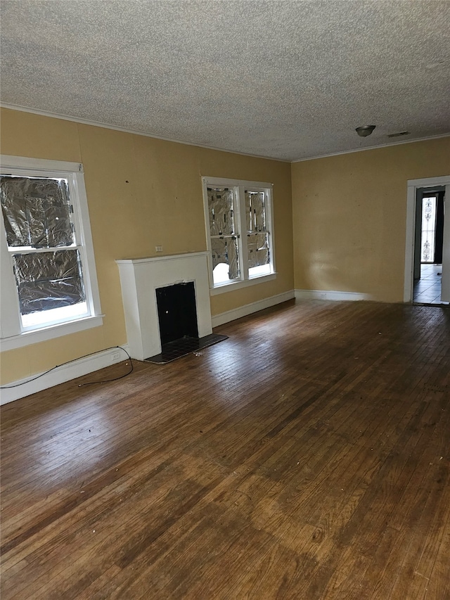 unfurnished living room featuring a wealth of natural light, a textured ceiling, and wood-type flooring