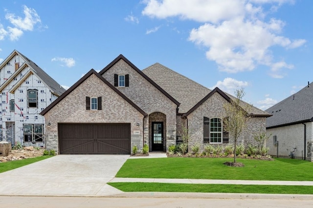 french country home featuring a garage and a front yard