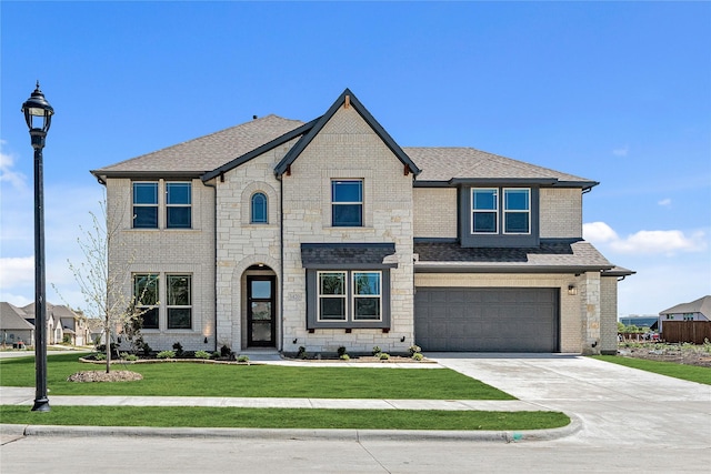 french country inspired facade with a garage, a shingled roof, brick siding, driveway, and a front lawn