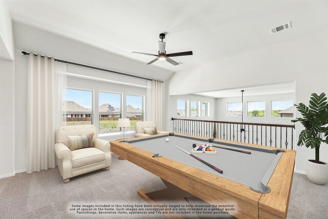 recreation room featuring carpet floors, visible vents, billiards, and a ceiling fan