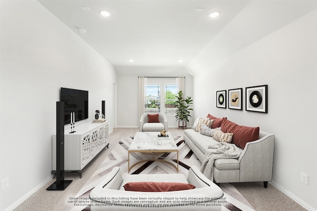 living room with baseboards, light colored carpet, and recessed lighting