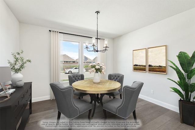 dining space featuring a chandelier, dark wood finished floors, and baseboards