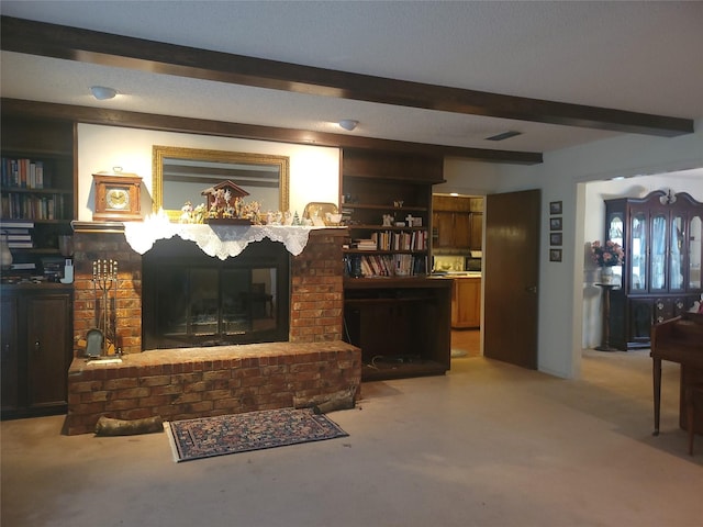 carpeted living room featuring a brick fireplace, visible vents, and beam ceiling