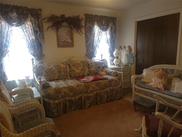 carpeted bedroom featuring multiple windows and a closet