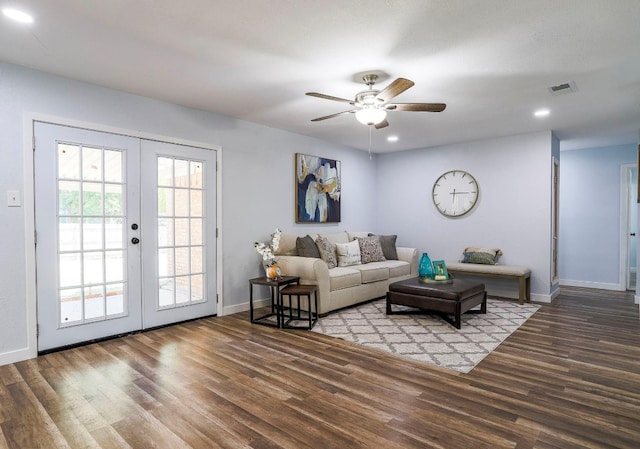 living room with french doors, hardwood / wood-style flooring, and ceiling fan