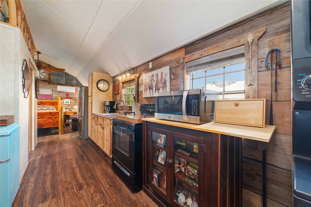 kitchen with wood walls, sink, dark wood-type flooring, appliances with stainless steel finishes, and lofted ceiling