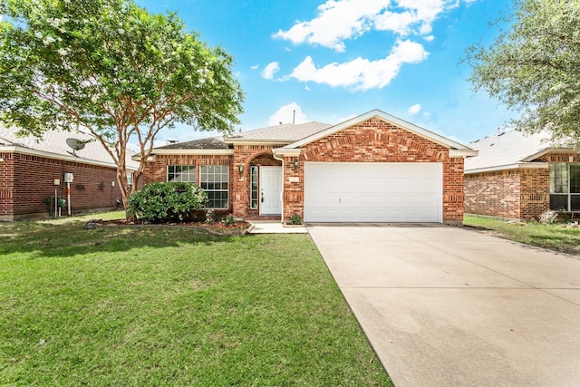 ranch-style home featuring a front yard and a garage