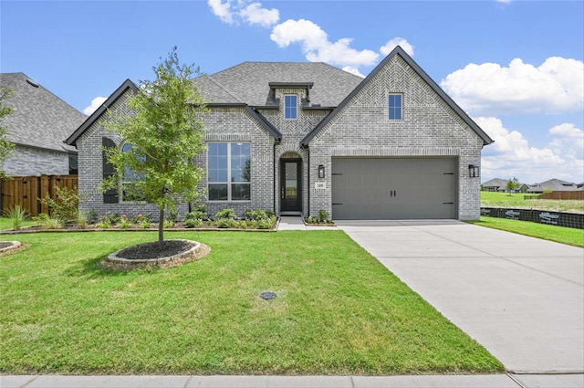 french country inspired facade featuring a front lawn, fence, and brick siding