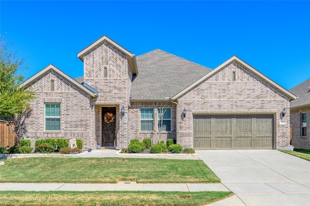 view of front of house featuring a front yard and a garage