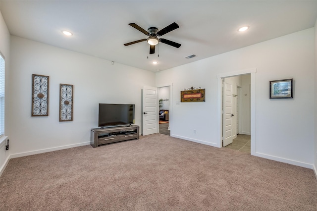 unfurnished living room with baseboards, visible vents, a ceiling fan, carpet floors, and recessed lighting