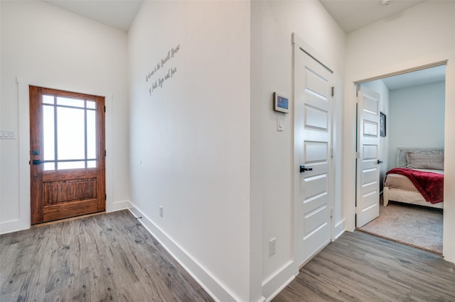 foyer entrance with baseboards and wood finished floors