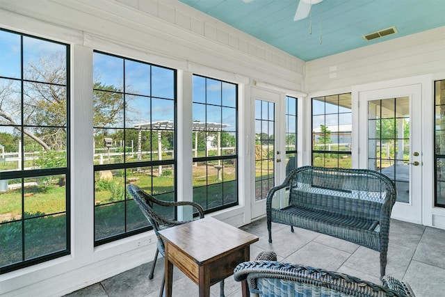 sunroom / solarium featuring ceiling fan and a healthy amount of sunlight