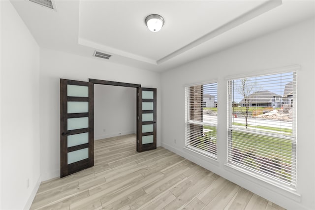 spare room featuring a raised ceiling and light wood-type flooring