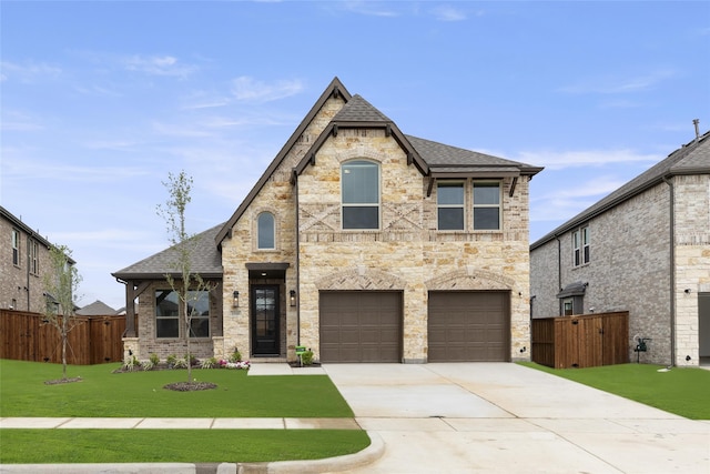 french country style house featuring a garage and a front yard